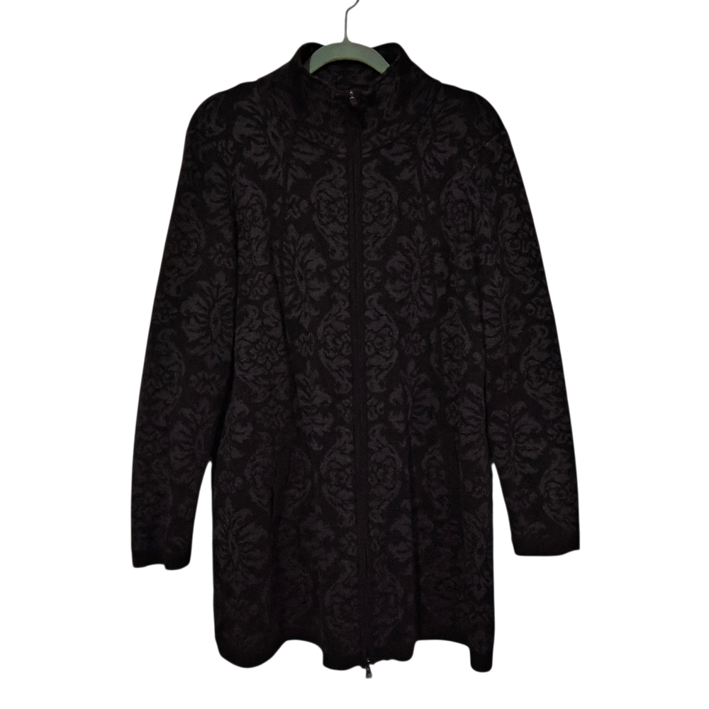 Cynthia Rowley 2XL Black Gray Long Zip Up  Cardigan Nortic Fair Isle Coatigan